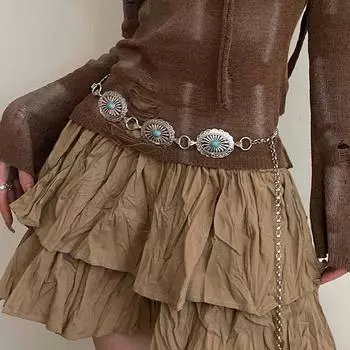 Богемная Ретро Поясная Цепочка Женская Овальная Инкрустация Бирюзой Этнический Стиль Дизайн Пояс Женский Тонкая Талия серебряный