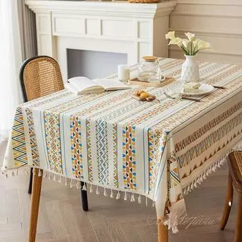 Богемная скатерть, хлопок и лен, ткань, не требующая мытья, этнический стиль, столовая с прямоугольными кисточками, скатерть для проживания в семье, водонепроницаемая и маслостойкая 80*120cm