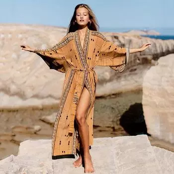 Богемное бикини с принтом, накидки, элегантное кимоно с поясом, платье-туника, женская пляжная одежда больших размеров one size миндальный