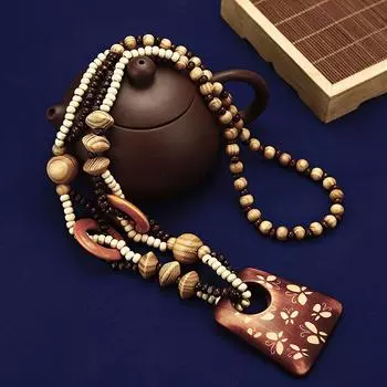 Богемное деревянное ожерелье из смолы, женское ожерелье в этническом стиле в стиле ретро, подвеска ручной работы из бисера, свитер-цепочка