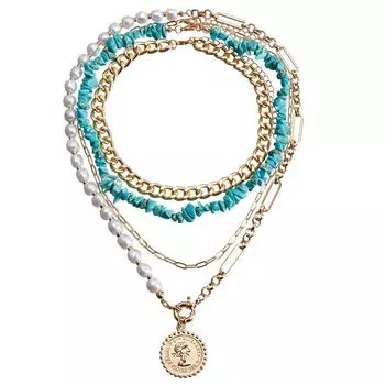Богемное геометрическое ожерелье из бусин из искусственного жемчуга, женское креативное ожерелье-чокер из бирюзы и металла, набор золотой