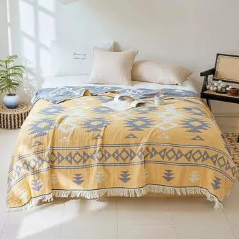 Богемное хлопковое одеяло с кисточкой в этническом стиле, четырехслойное марлевое покрывало, летнее одеяло, одноместное двойное полотенце для дивана, чехол для сна 150x200cm