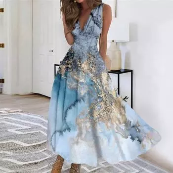 Богемное летнее макси-платье для женщин, повседневное, без рукавов, с V-образным вырезом, с утяжкой на талии, с принтом, длинное платье S циан