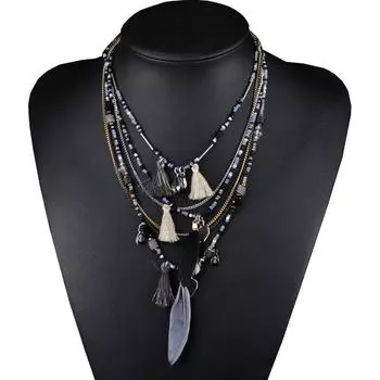 Богемное многослойное ожерелье ручной работы из бисера с перьями и небольшой бахромой, цепочка для свитера, бусины из смолы и риса, украшения для путешествий тёмно-синий