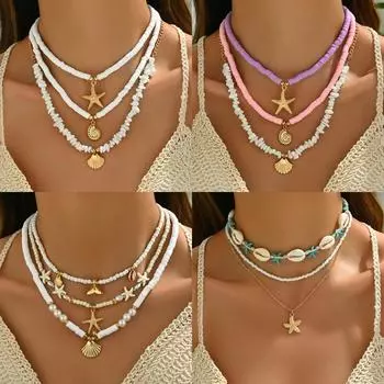 Богемное ожерелье Аксессуары для ракушек Пляжный отдых Ракушка Морская звезда Рыбий хвост Подвеска Ключица Цепочка C4