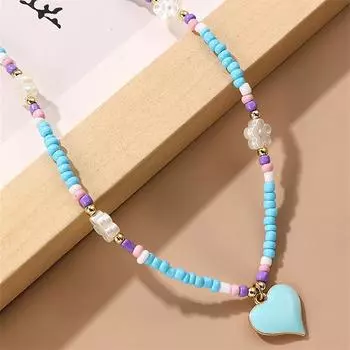 Богемное ожерелье ручной работы с разноцветными бусинами и жемчужной цепочкой, подвеска в виде сердца для женщин, ювелирные изделия, модное ожерелье в виде персикового сердца синий