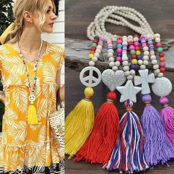 Богемное ожерелье в этническом стиле с деревянными бусинами и геометрическим ожерельем с пентаграммой Красочное длинное ожерелье с кисточками в богемном стиле