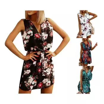 Богемное платье без рукавов, платье с принтом на молнии, короткая юбка с принтом, женская L