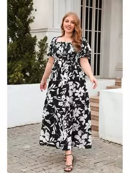 Богемное платье кэжуал с принтом большого размера для отпуска - Французская элегантность, средней длины 2XL