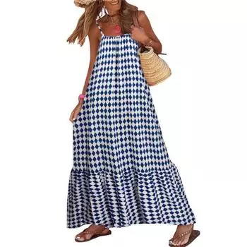Богемное платье макси без рукавов для женщин, летнее летящее платье без спинки, длинное повседневное пляжное платье с оборками, платье-сарафан L синий