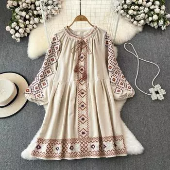 Богемное платье оверсайз, женское 2024, с круглым вырезом, на шнуровке, с кисточками и вышивкой, Vestidos, женские платья трапециевидной формы, летние платья, дропшиппинг One Size абрикосовый