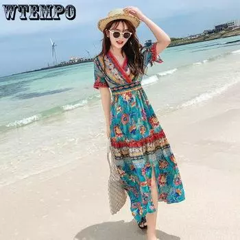 Богемное платье с цветочным принтом. Летние сказочные платья. Праздничное шифоновое пляжное платье в этническом стиле с коротким рукавом и v-образным вырезом с разрезом подол. S синий