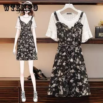 Богемное платье с цветочным принтом размера плюс, женское летнее тонкое платье с расклешенными рукавами, платье миди, искусственное платье из двух частей XXXXL