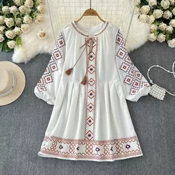 Богемное платье женское 2024 с круглым вырезом в этническом стиле с вышивкой трапециевидной формы Vestidos Ретро шикарные французские платья со складками летние дропшиппинг One Size чёрный