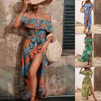 Богемное платье женское с открытыми плечами длинные платья в стиле бохо с рюшами в винтажном стиле с высокой талией летнее платье с цветочным принтом XL синий
