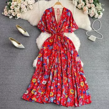 Богемное пляжное отпускное большое распашное платье в стиле ретро, темпераментное платье с v-образным вырезом и талией для похудения с буквенным принтом и цветочным принтом S красный