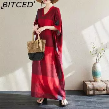 Богемное ретро-печать с v-образным вырезом, платье больших размеров, новое модное универсальное литературное свободное длинное платье для женщин One Size красный