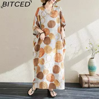 Богемное ретро-печать с v-образным вырезом, платье больших размеров, новое модное универсальное литературное свободное длинное платье для женщин One Size жёлтый