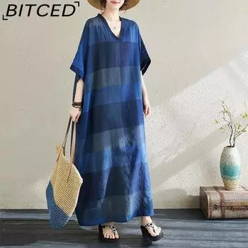 Богемное ретро-печать с v-образным вырезом, платье больших размеров, новое модное универсальное литературное свободное длинное платье для женщин One Size синий