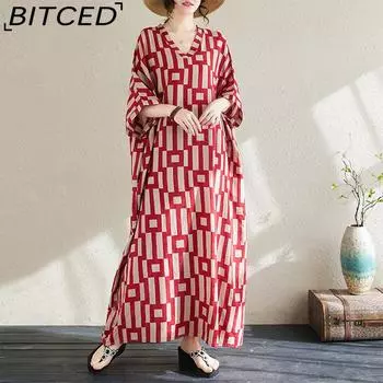 Богемное ретро-печать с v-образным вырезом, платье больших размеров, новое модное универсальное литературное свободное длинное платье для женщин One Size красный