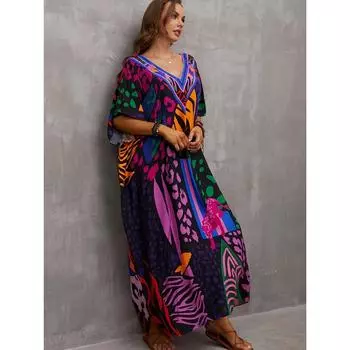 Богемное свободное красочное платье, повседневное платье для отпуска на каждый день летом и весной, женская одежда One-size фиолетовый