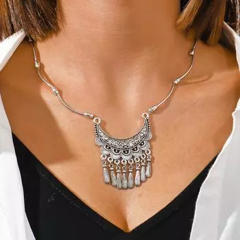 Богемное тибетское серебряное геометрическое нежное резное ожерелье с кисточкой серебряный