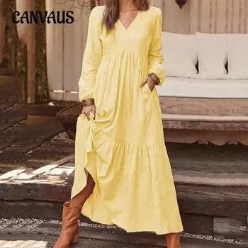 Богемное весенне-осеннее платье-рубашка Элегантные повседневные платья с v-образным вырезом и рюшами и длинными рукавами S чёрный