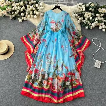 Богемное винтажное летнее праздничное платье макси женское с круглым вырезом с цветочным принтом и расклешенными рукавами шифоновое длинное платье с высокой талией для отдыха S синий