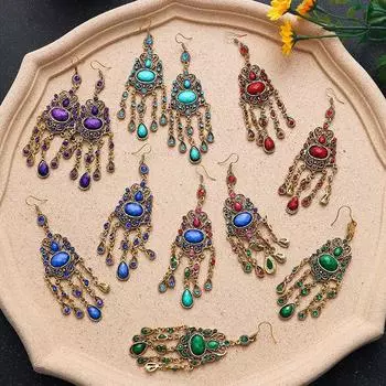 Богемные этнические серьги, женские винтажные серьги из сплава с резными цветами и стразами, длинные висячие серьги, индийские украшения зелёный