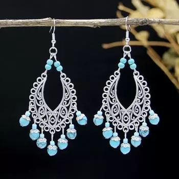 Богемные бирюзовые серьги с бахромой, женские универсальные ретро-серьги в экзотическом этническом стиле Юньнань, ювелирные изделия