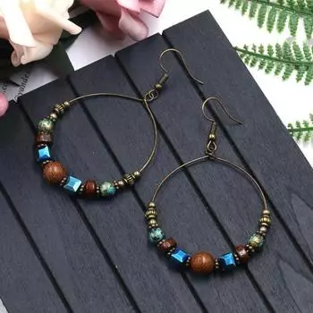 Богемные большие круглые деревянные бусины-крючки, женские серьги в этническом стиле из искусственной бирюзы