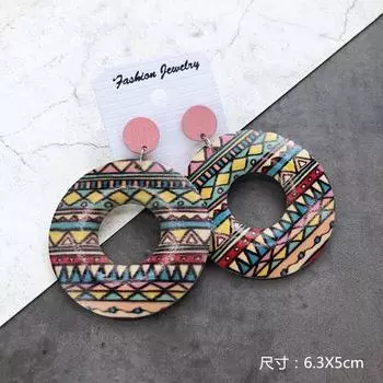 Богемные деревянные серьги женские, личностные, преувеличенные, с принтом цветов, серьги-пусеты, отпускные, универсальные, темпераментные серьги