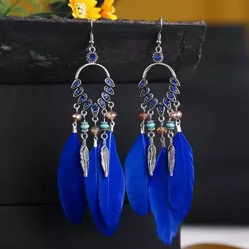 Богемные длинные серьги, инкрустированные бриллиантами, красные перья с бахромой, преувеличенные серьги, аксессуары для отпуска сапфировый