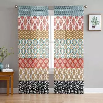 Богемные геометрические полосы, прозрачная вуаль, оконные шторы, тюлевые шторы, украшения для гостиной, балкона, шторы 135W x 114H(cm)