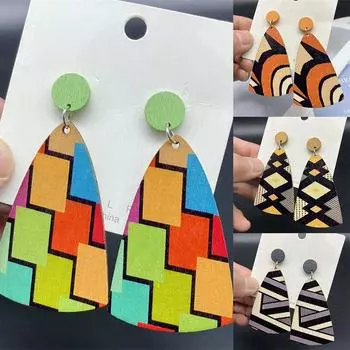 Богемные красочные преувеличенные серьги Полосатые деревянные серьги-подвески 7.2*3.7cm чёрный
