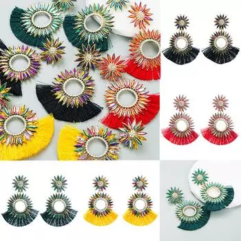 Богемные кристаллы с кисточками, модные преувеличенные серьги круглые подсолнухи, красочный стиль 10.5*7.5cm чёрный