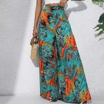 Богемные летние винтажные широкие брюки с принтом, женские элегантные свободные брюки с высокой талией для женщин, модные праздничные пляжные повседневные брюки 24478 S