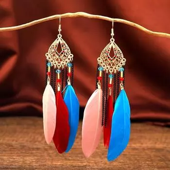 Богемные перьевые ушки, висячие серьги в этническом стиле с длинной цепочкой и бахромой, аксессуары для фотосъемки на пляже и в отпуске тёмно-синий