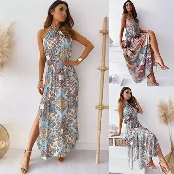 Богемные пляжные платья макси без рукавов с принтом и разрезом, повседневное женское летнее длинное платье 3XL синий