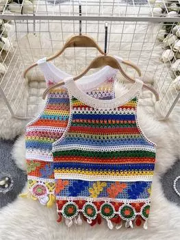 Богемные радужные вязаные топы Y2k с цветочным узором на крючках, милые майки без рукавов, летние женские пляжные красочные майки, модные короткие сексуальные One Size абрикосовый