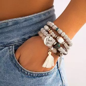Богемные разноцветные хрустальные бусины, веревочные браслеты для женщин и девочек, этнические сердца с кисточками, очаровательный браслет, набор ювелирных изделий, подарок