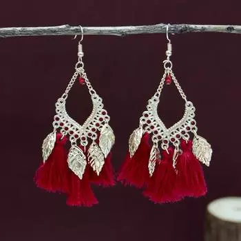 Богемные ретро-серьги с бахромой красного цвета, длинные серьги в этническом стиле Юньнань, модные женские серьги