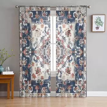 Богемные ретро-узоры, прозрачные шторы для детской спальни, гостиной, вуаль, занавески на окна, тюль, занавески W135 x H114cm