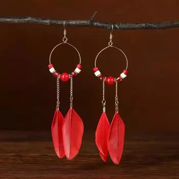 Богемные серьги-перья в виде цепочки, длинные серьги в этническом стиле, популярные серьги из рисовых бусин для женщин красный