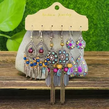 Богемные серьги ручной работы на длинной цепочке с подвесками, серьги с кисточками, яркие цветы, винтажные серьги, комплект придворных сережек
