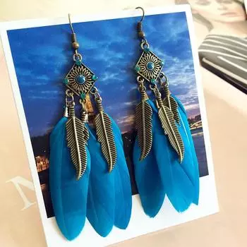 Богемные серьги с бахромой из перьев в ретро-стиле, элегантные преувеличенные серьги с бронзовыми листьями, женские украшения для ушей королевский синий