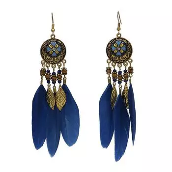 Богемные серьги с перьями, персонализированные серьги-подвески в стиле ретро с узором листа, ювелирные изделия для путешествий и фото темно-синий