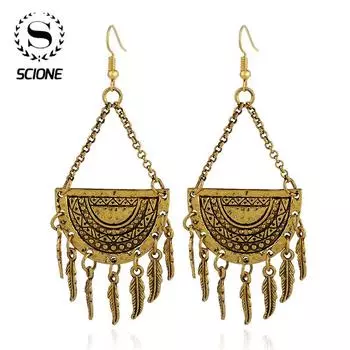 Богемные серьги в этническом стиле, ретро, полукруг, листья, кисточка, длинные серьги, ювелирный аксессуар античный серебряного