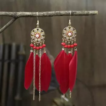 Богемные серьги женские длинные бахромчатые цепочки серьги индивидуальность темперамент универсальные перья стразы ювелирные изделия женщины красный