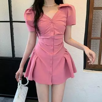Богемные женские мини-сексуальные платья, летние плиссированные элегантные короткие платья с пышными рукавами, корейские женские платья 2XL розовый